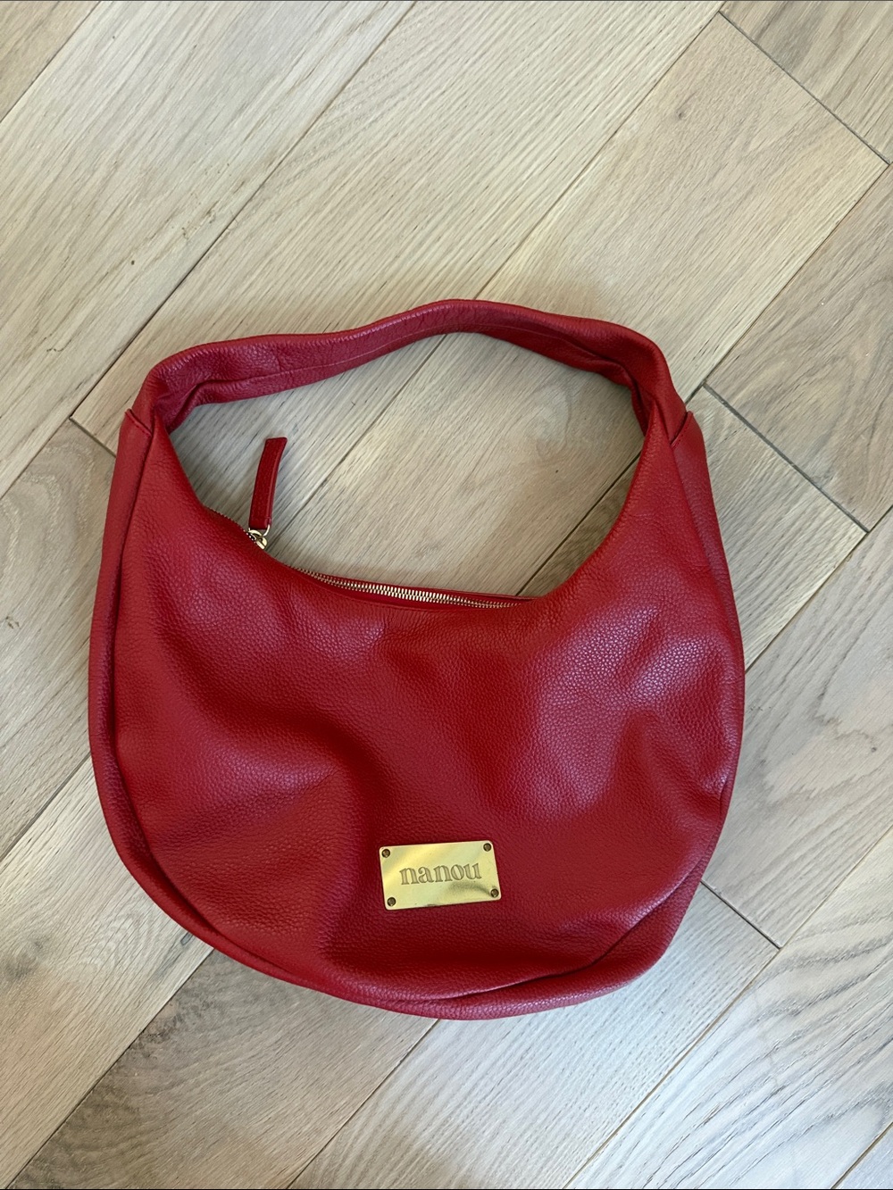 Nano Red Pebbled Leather Hobo Bag with Gold Plate